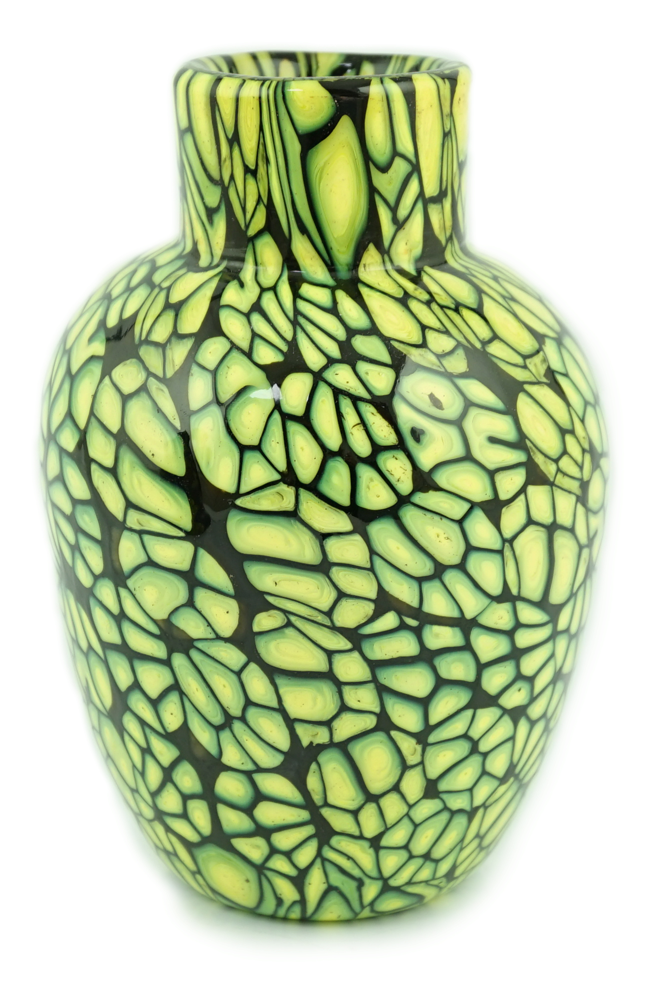 Vittorio Ferro (1932-20120 A Murano glass Murrine vase, with bright yellow murrines, on a black ground, signed, 20cm, Please note this lot attracts an additional import tax of 20% on the hammer price